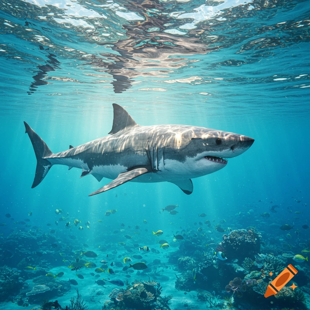 A photorealistic great white shark swims in clear blue ocean water above a coral reef with many small fish, with sun rays piercing the surface.