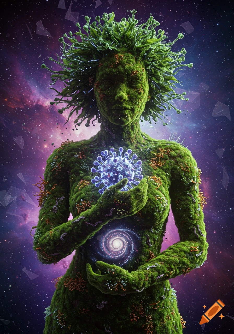 A surreal moss woman against a cosmic nebula, holding a glowing virus-like cluster, with a galaxy spiral in her chest.