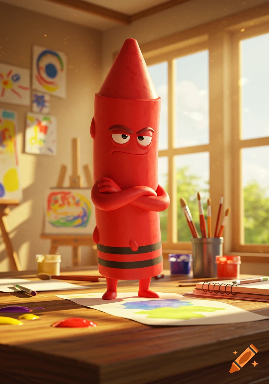 A grumpy red crayon character with arms crossed stands on a colorful drawing in a bright art studio with easels and paintings.