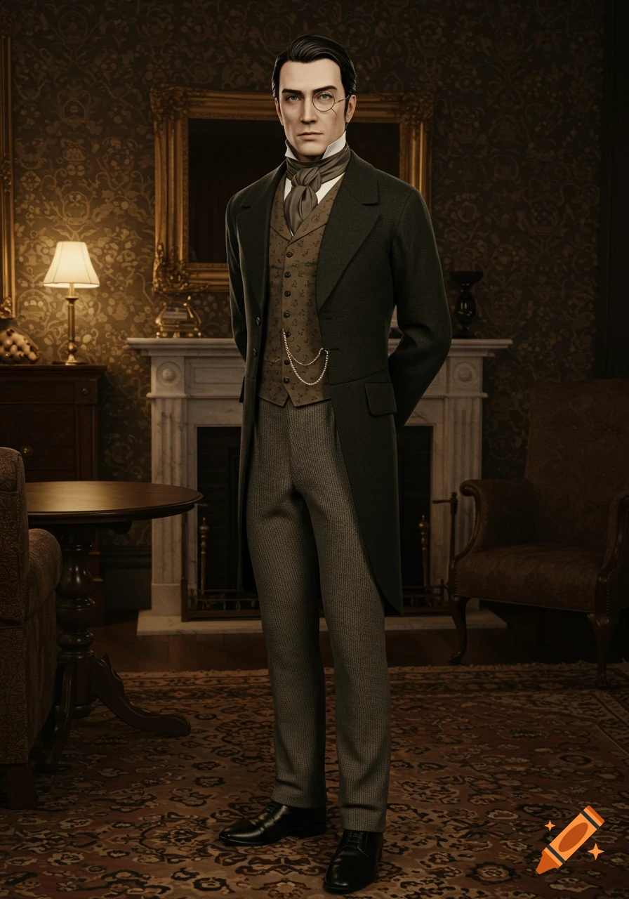 A photorealistic portrait of a slender man in a dark Victorian suit and monocle, standing in an elegant room.