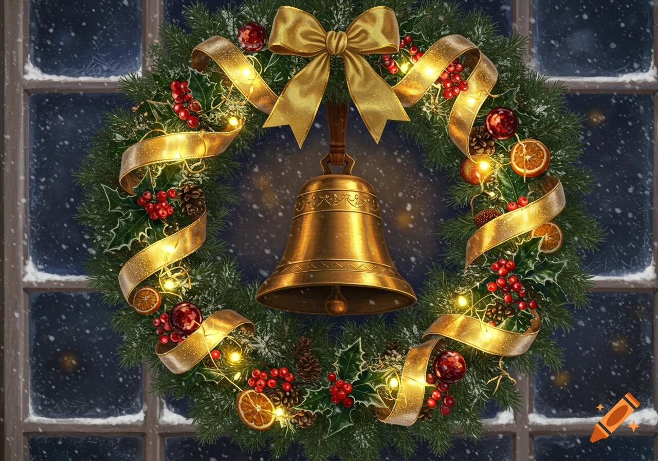 A festive Christmas wreath with a large golden bell, red berries, holly, golden ribbon, and orange slices, hanging on a snowy window.