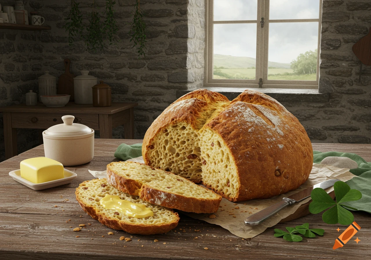 A photorealistic image of a sliced loaf of soda bread with butter on a wooden table in a rustic kitchen with a view of green hills.