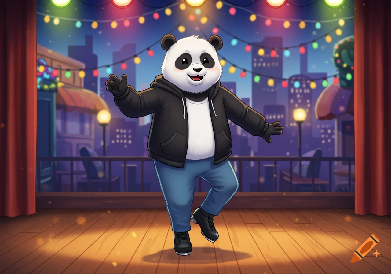 A friendly cartoon panda in a black hoodie and blue pants tap dancing on a wooden stage with a city background and colorful string lights.