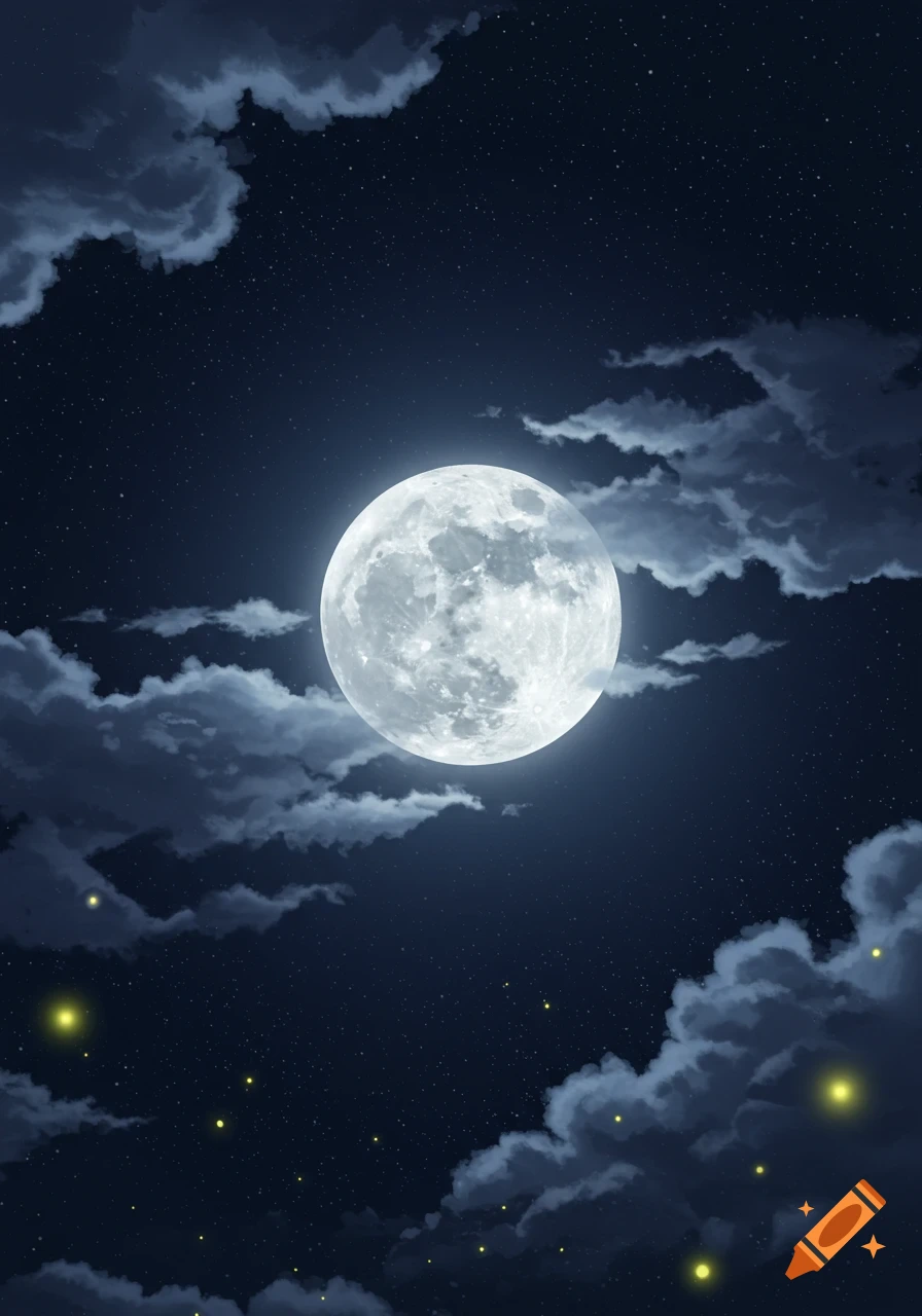 A full moon shines brightly in a dark, star-filled night sky, with dramatic clouds and glowing specks.