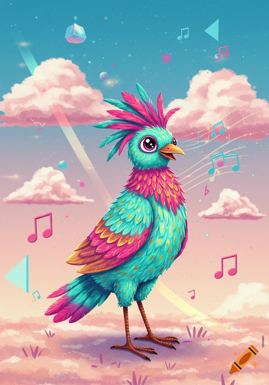 A vibrant, cartoonish bird with pink and blue feathers stands in a dreamy sky filled with pink clouds and floating musical notes, digital art.