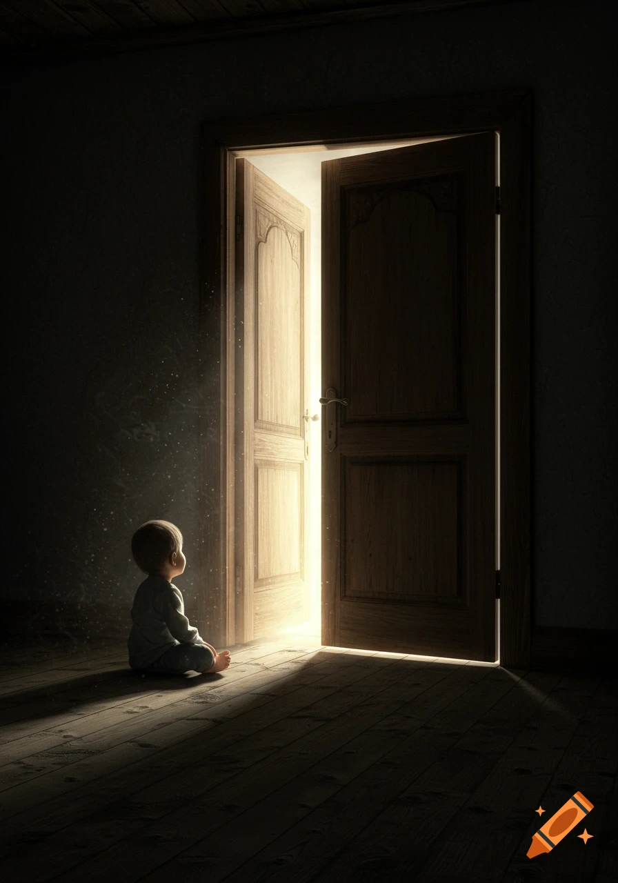 A small child sits on a dark wooden floor, gazing at a brightly lit, partially open wooden door.