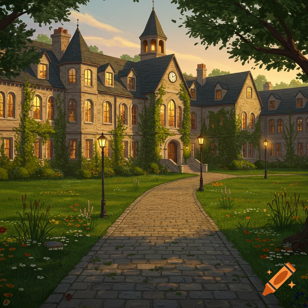 A grand, ivy-covered stone boarding school building with a clock tower, surrounded by a lush green lawn and trees at sunset.
