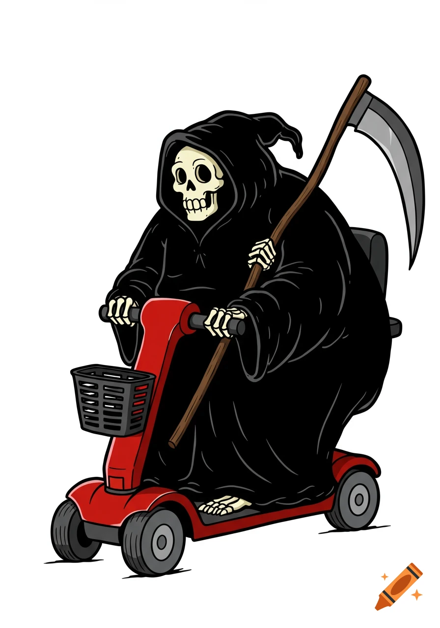 Cartoon illustration of a fat Grim Reaper in a black robe, holding a scythe, riding a red mobility scooter on a white background.