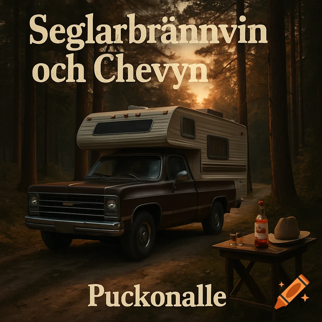 Album cover featuring a brown Chevrolet pickup with a camper on a forest road at sunset. Text: 'Seglarbrännvin och Chevyn' and 'Puckonalle'.