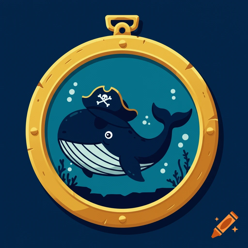 A cartoon whale wearing a pirate hat, swimming in a porthole with bubbles and seaweed.