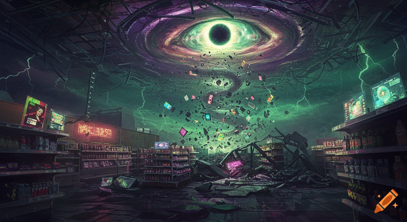A surreal, dark cyberpunk supermarket destroyed by a giant eye in the sky sucking debris into its black hole center.