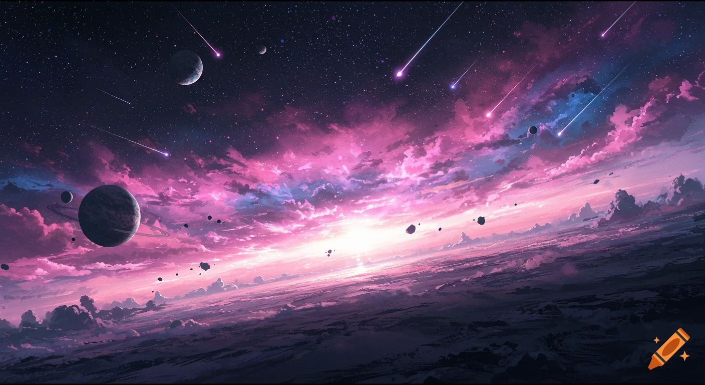 A vibrant anime space landscape with multiple planets, shooting stars, and dynamic pink and purple clouds over a distant horizon.