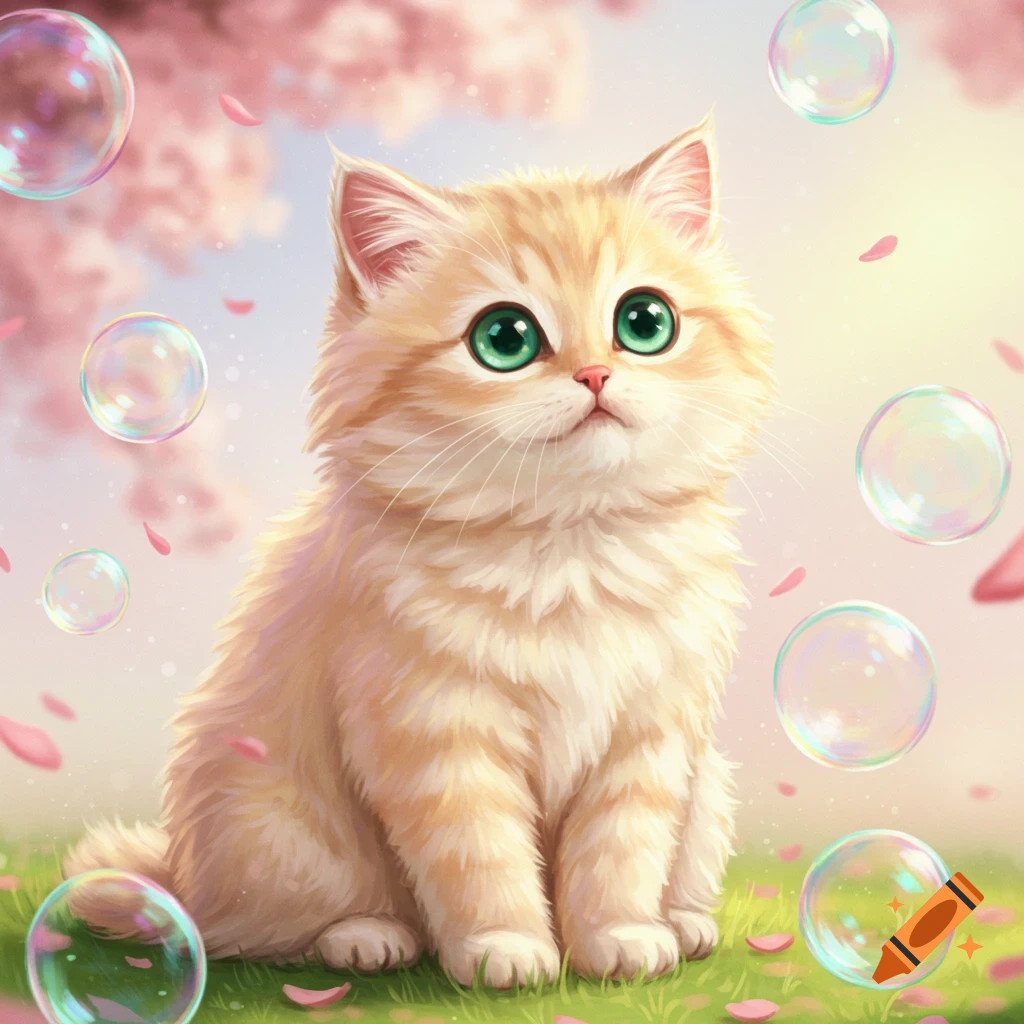 A fluffy, light orange kitten with huge green eyes sits in grass with pink petals and bubbles floating around it in a whimsical illustration.