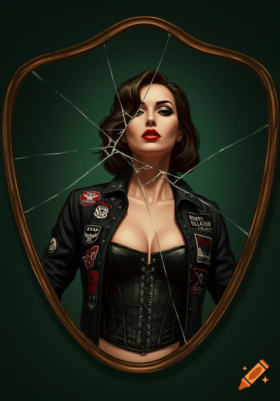 A woman in a black leather jacket and corset looks out from a cracked vintage mirror.