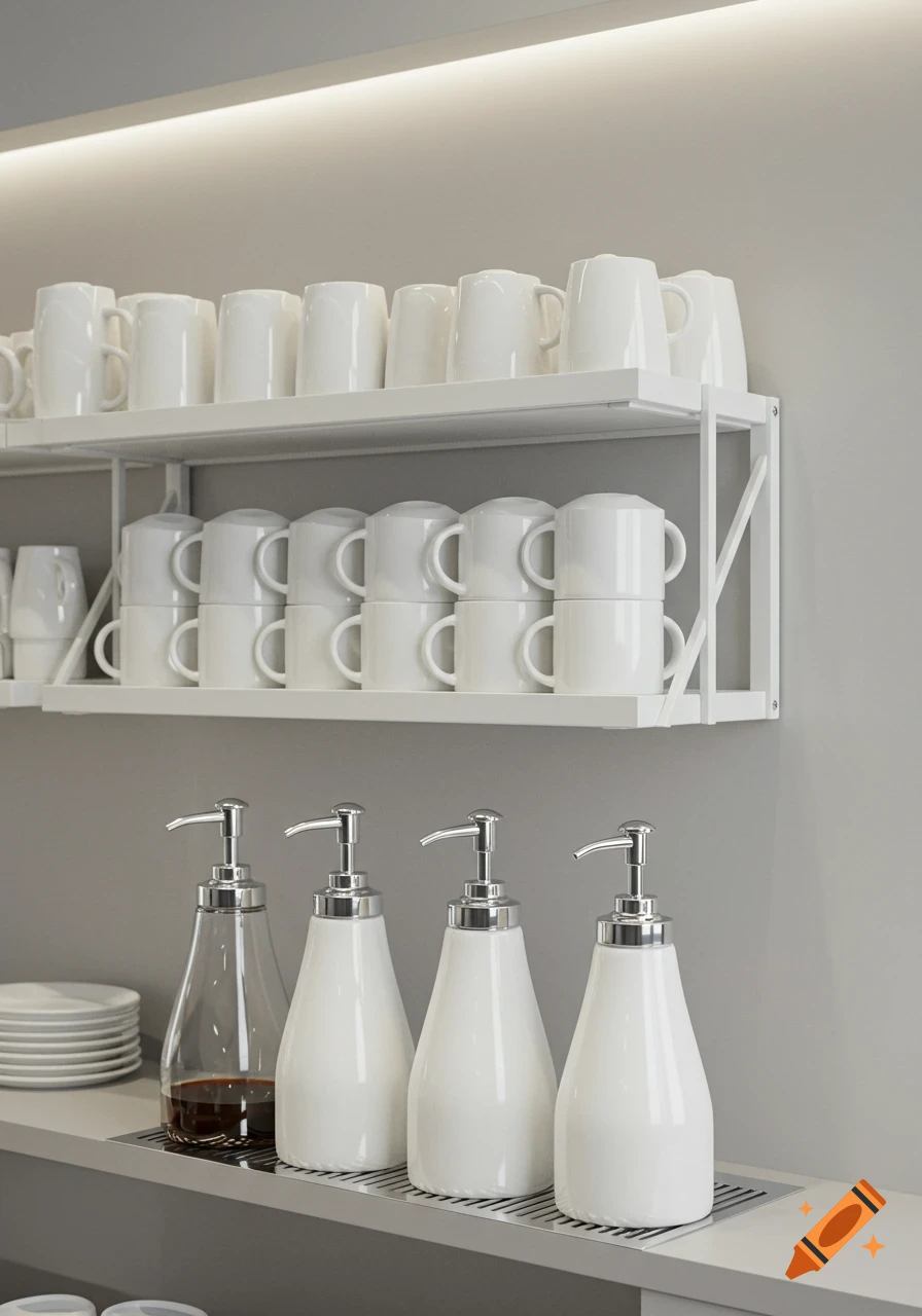 White mugs stacked on two shelves above white syrup dispensers and a clear bottle of dark syrup on a counter. Photorealistic.