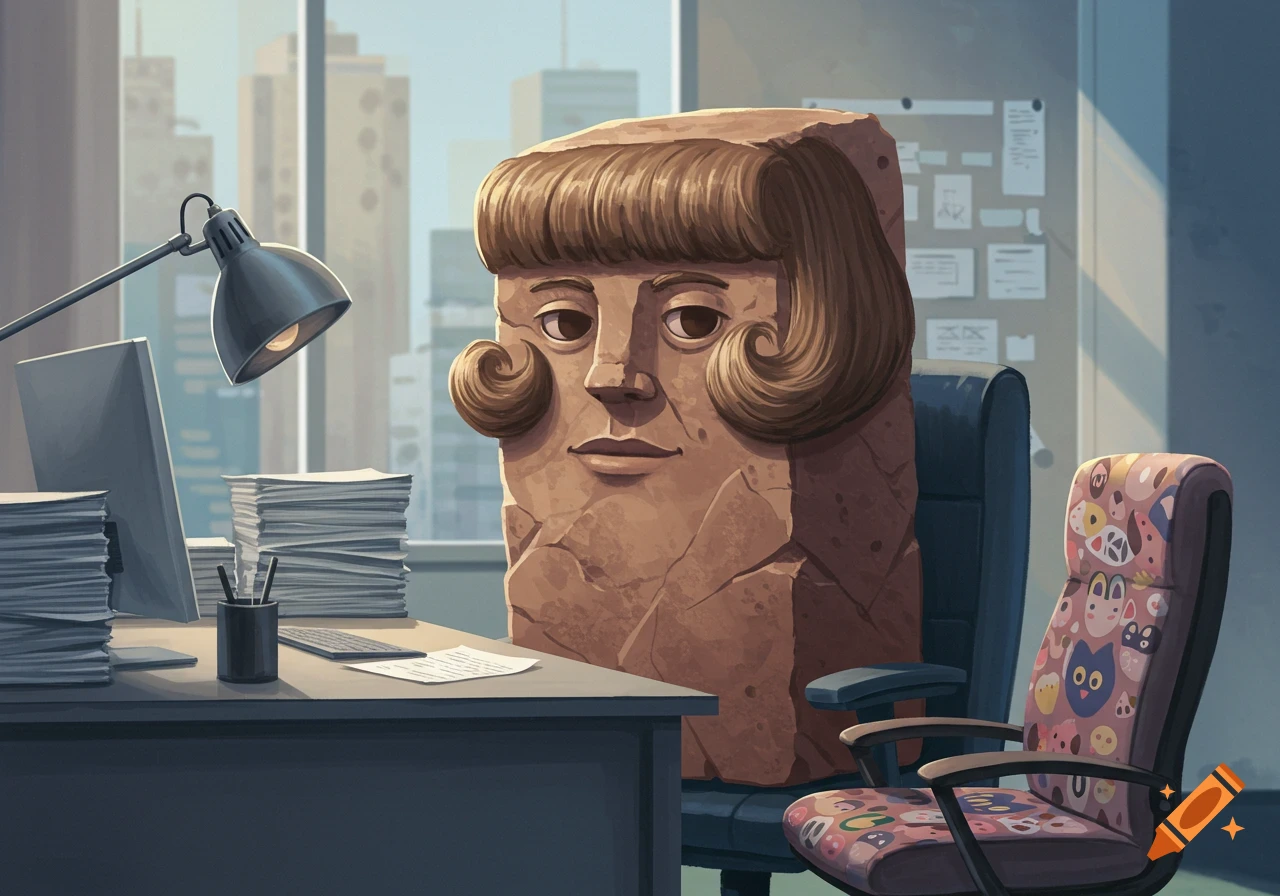 A stone brick character with a woman's face and a "flowerpot" hairstyle sits at an office desk with a computer and paper stacks.