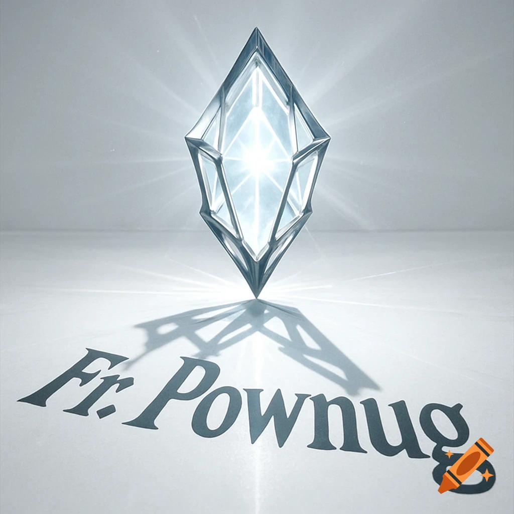 A glowing, multifaceted crystal casting a shadow on a white surface that spells "Fr. Pownug".