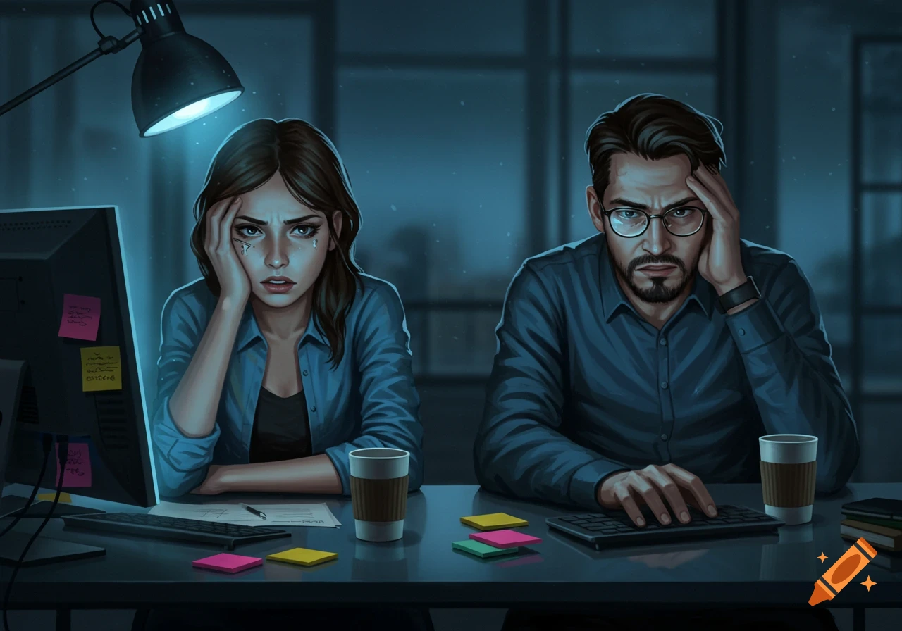 A man and woman, both looking stressed, sit at desks in front of computer monitors in a dark, dimly lit office, in a digital art style.