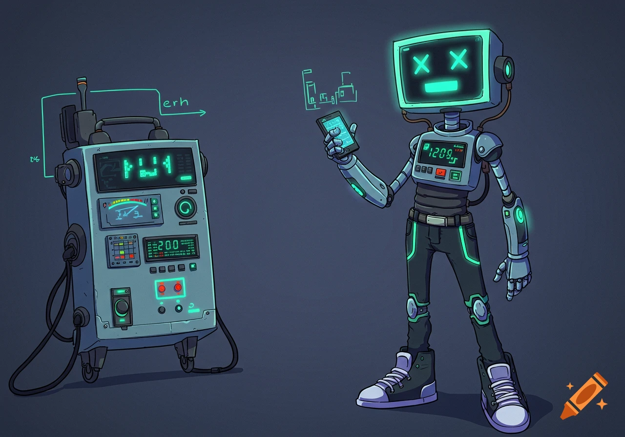 A cartoon robot with a monitor head holds a smartphone next to a retro sci-fi machine with glowing green displays.