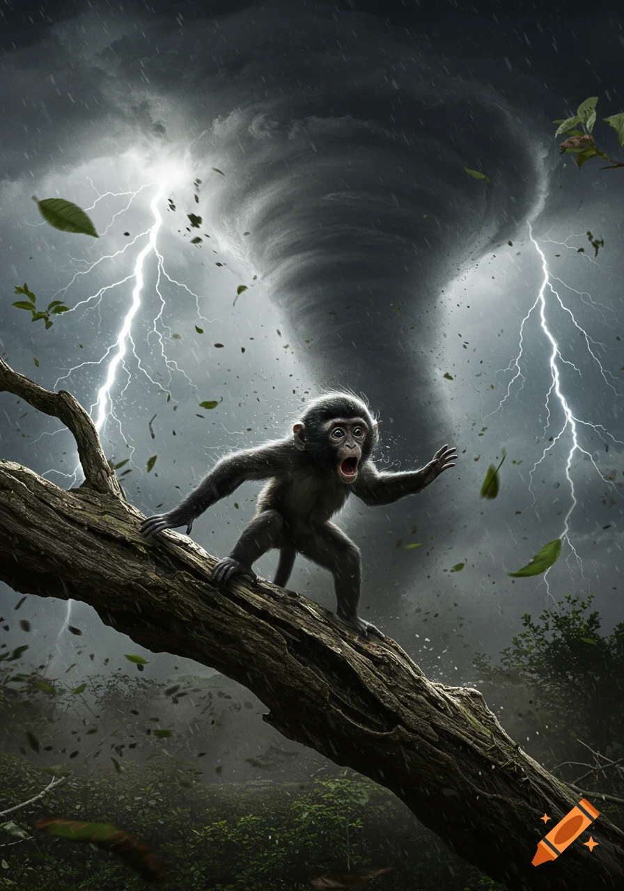 A scared monkey clings to a tree branch during a severe thunderstorm with a large tornado and lightning in the background, leaves flying.