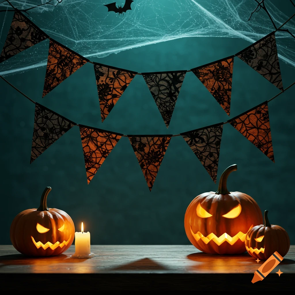 Three lit jack-o'-lanterns and a candle on a wooden table, with lace bunting and spiderwebs against a teal background.