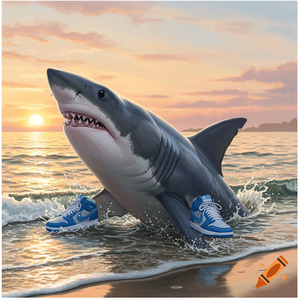 A shark stands upright in shallow ocean water at sunset, wearing blue and white high-top sneakers.