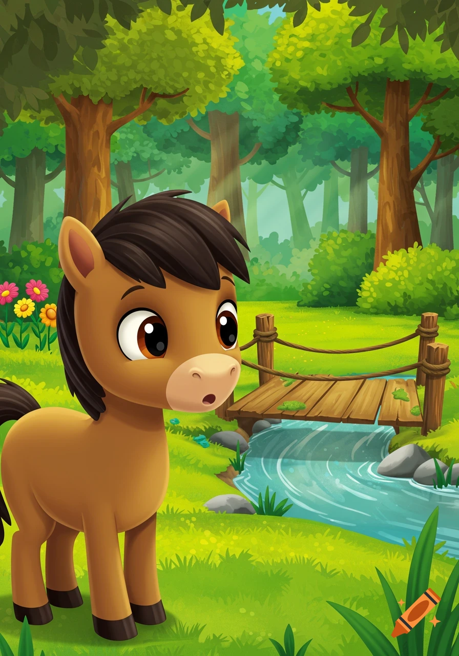 A cute brown cartoon pony with a dark mane looks curiously at a wooden bridge over a stream in a bright forest, in a preschool cartoon style.