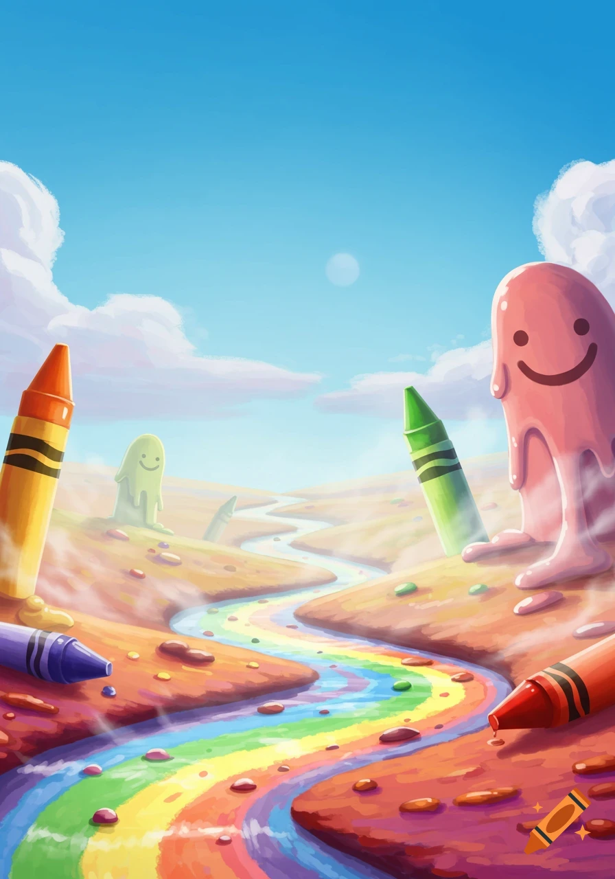 Vibrant fantasy landscape with large crayons, melting blob creatures, and a winding rainbow river.