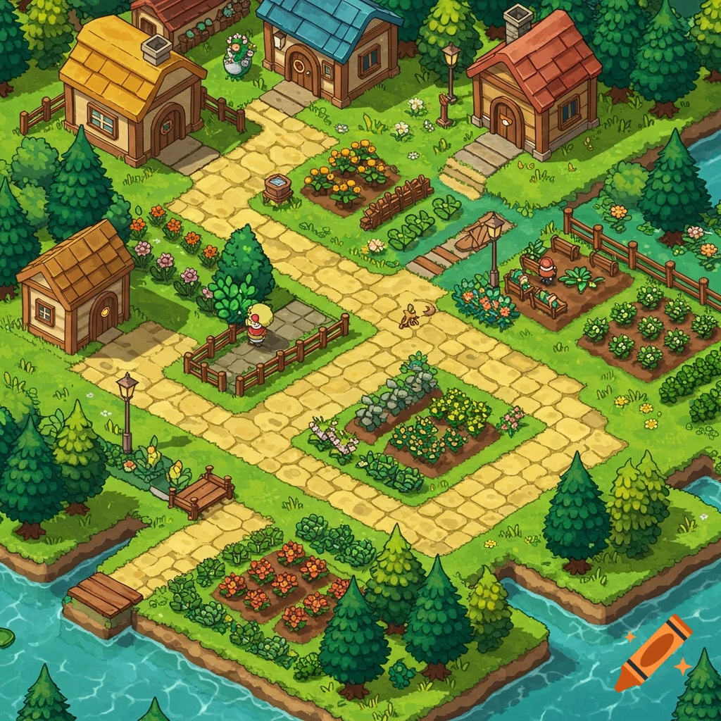 Isometric cartoon village with houses, green trees, colorful gardens, a winding river, and stone pathways.