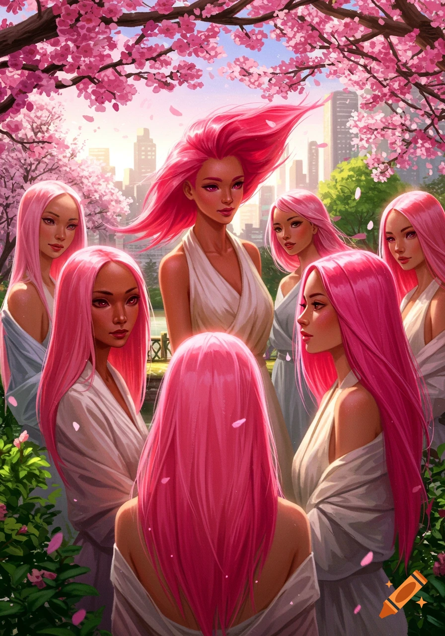 A group of women with vibrant pink hair in white dresses under cherry blossoms, with a city skyline behind them, digital art.