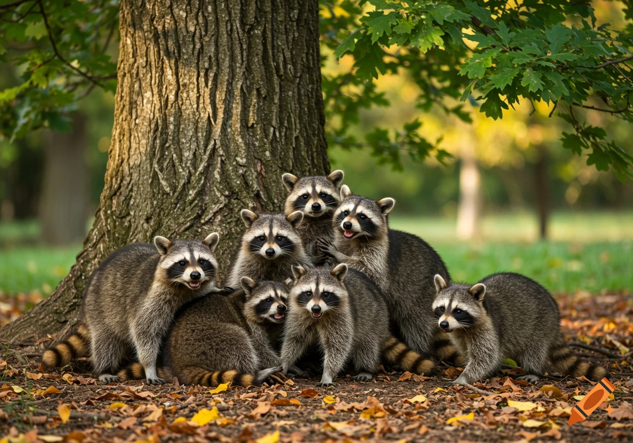 A family of happy raccoons gathered at the base of a tree with autumn leaves on the ground, looking at the camera.