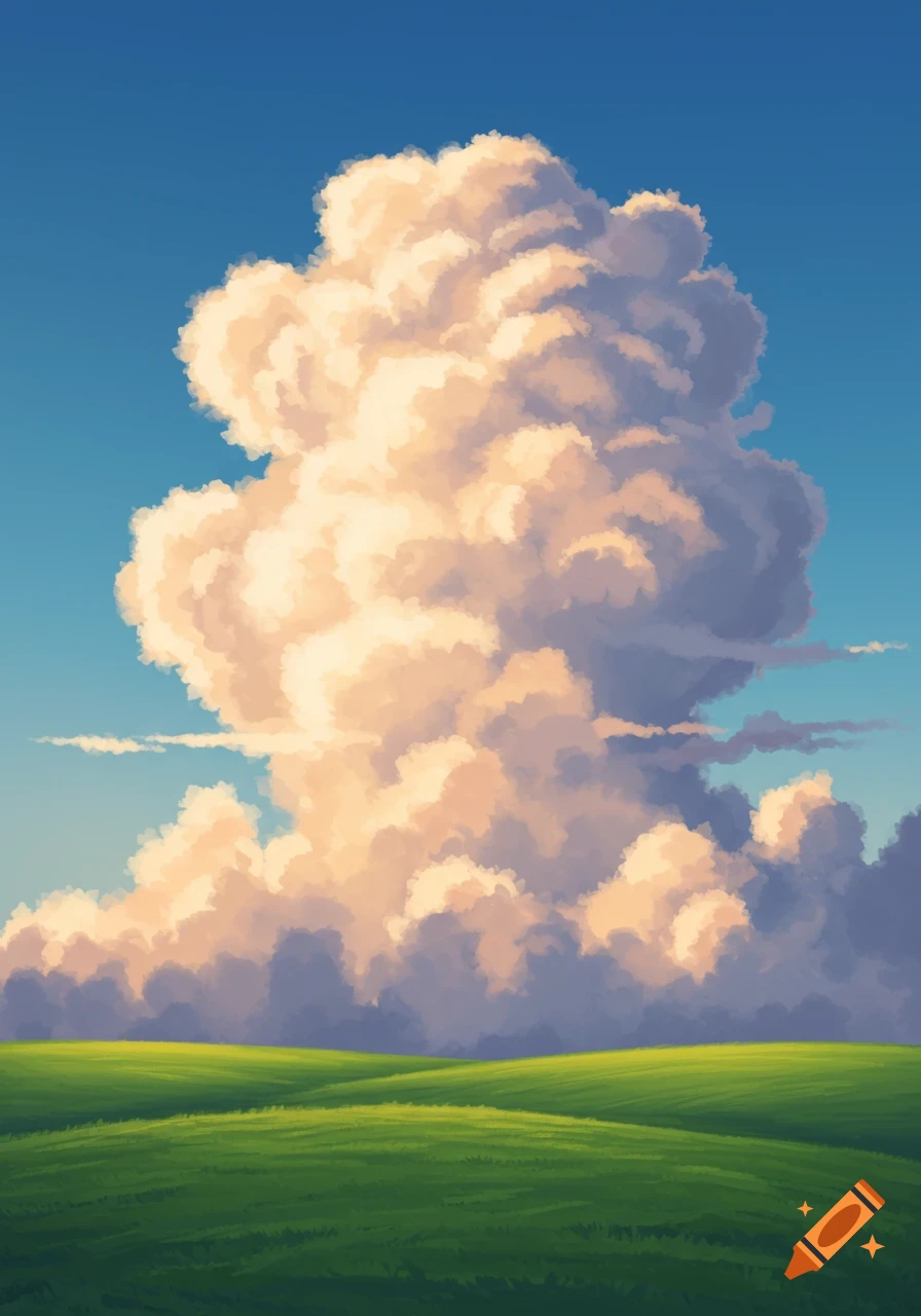 A large, fluffy cumulus cloud fills a blue sky above a rolling green field in a stylized painting.