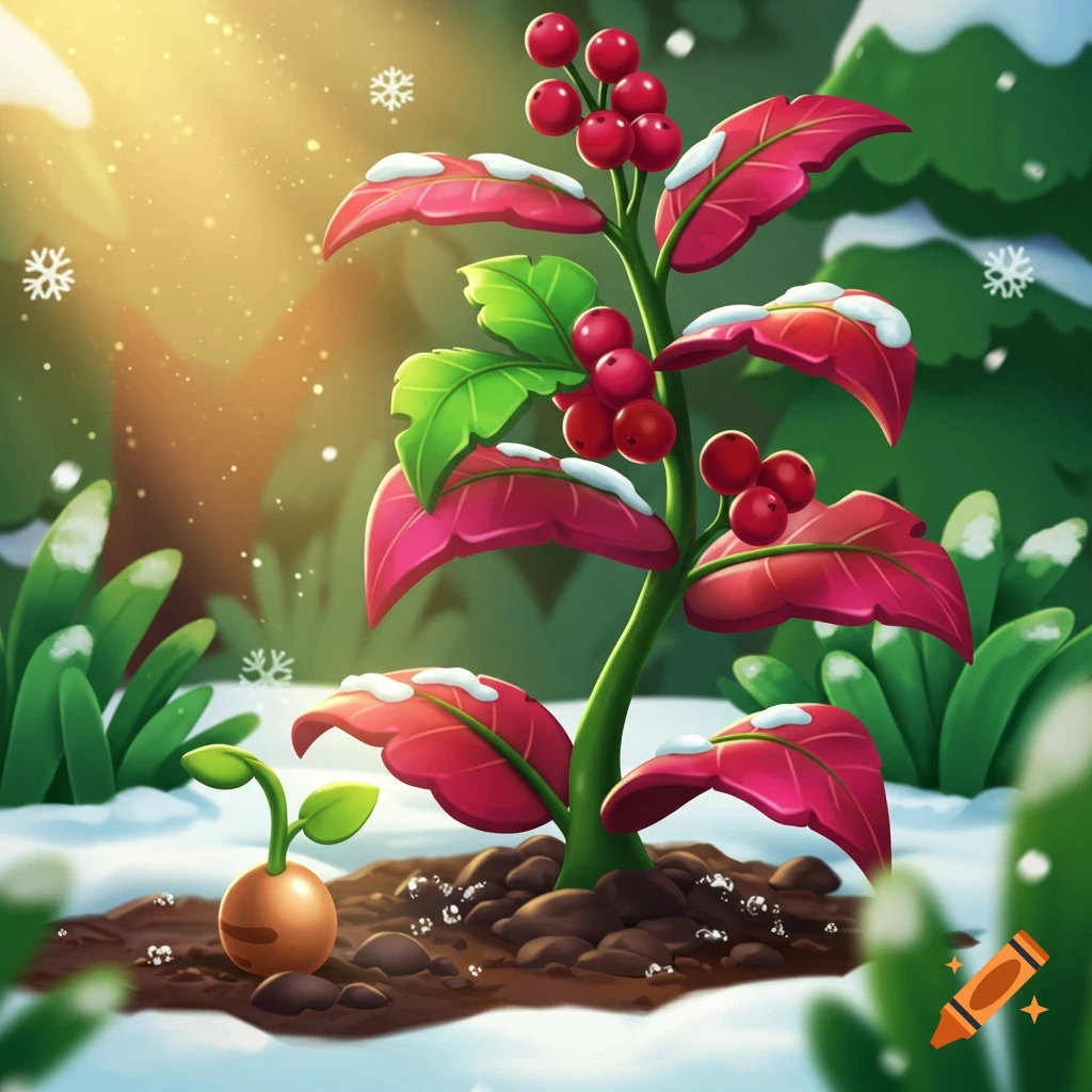 Stylized Christmas plant with red leaves and berries in snow, next to a seedling in a sunny garden, game art style.