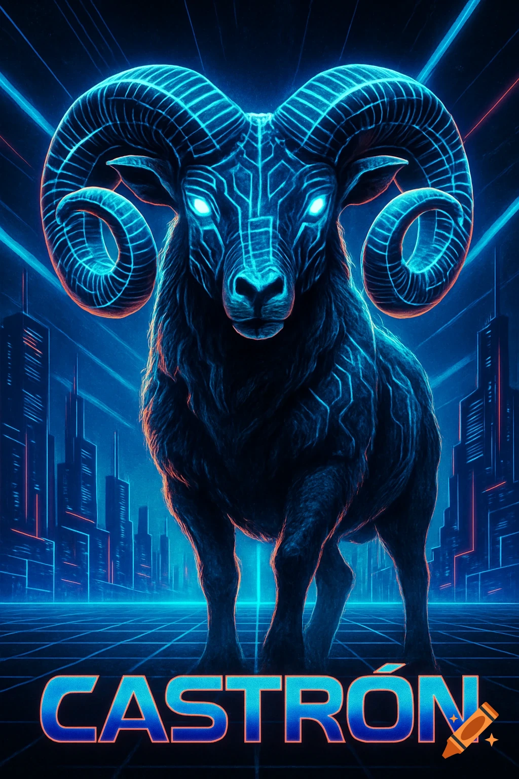 A futuristic digital art movie poster featuring a large, neon blue ram with glowing eyes and circuit patterns on its body, standing on a grid with a city skyline in the background. The title "CASTRÓN" is at the bottom.