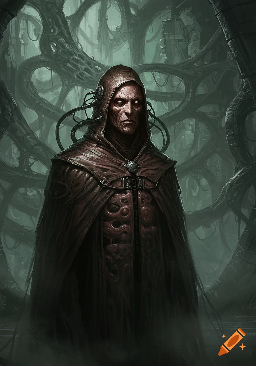 Dark fantasy art of a hooded wizard with glowing eyes and biomechanical textures, standing in a grotesque organic-mechanical setting.