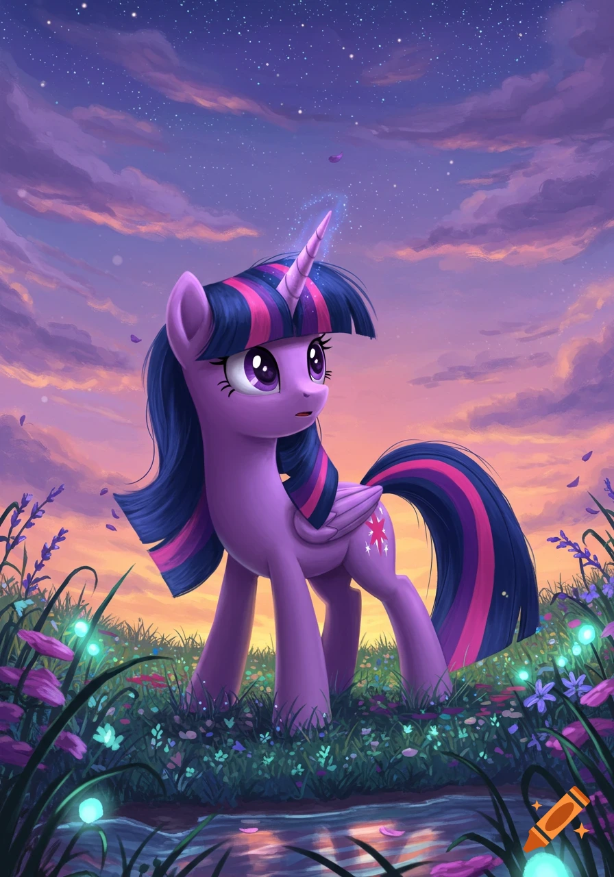 A purple alicorn with a blue and pink mane stands in a field of glowing flowers and lavender at sunset, magic sparkling from her horn.