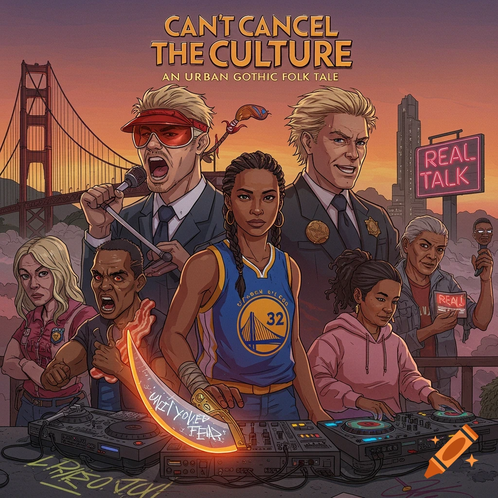 A stylized comic-book poster features diverse characters, including a woman in a Warriors jersey, a man with a glowing sword, a DJ, and a police officer, against a backdrop of the Golden Gate Bridge and city skyline at dusk. Text reads "CAN'T CANCEL THE CULTURE" and "REAL TALK."
