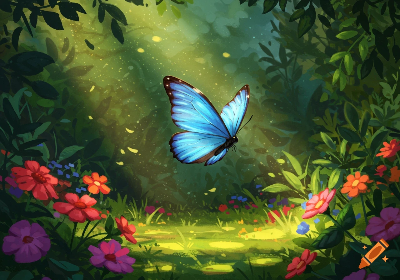 An animated blue butterfly with bright wings flies through a sunlit, vibrant green forest with red, orange, and purple flowers.