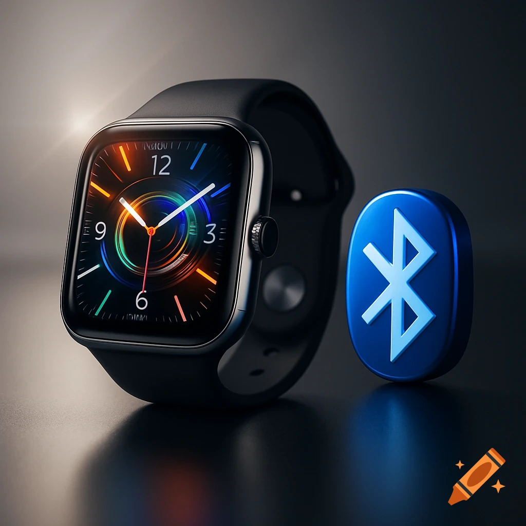 A black smartwatch with a vibrant, colorful display showing clock hands next to a glowing blue 3D Bluetooth logo, photorealistic.