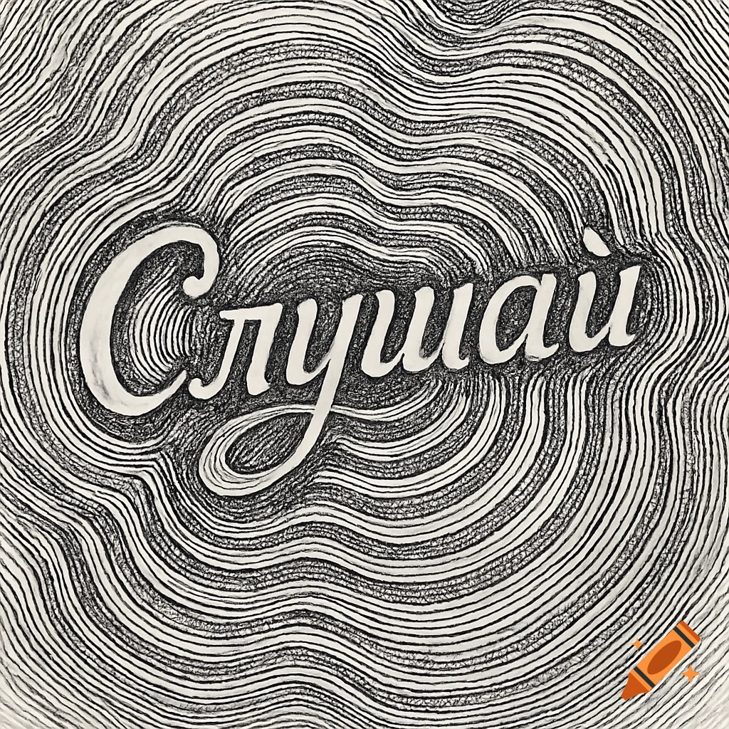 Stylized white Cyrillic word 'Слушай' (Listen) in a calligraphic font on a background of wavy black lines.