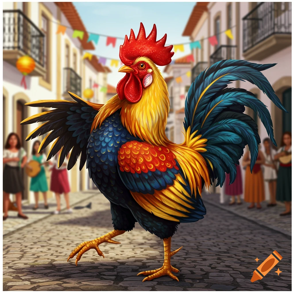 A colorful, stylized rooster dances on a cobblestone street with a blurred festive town background.