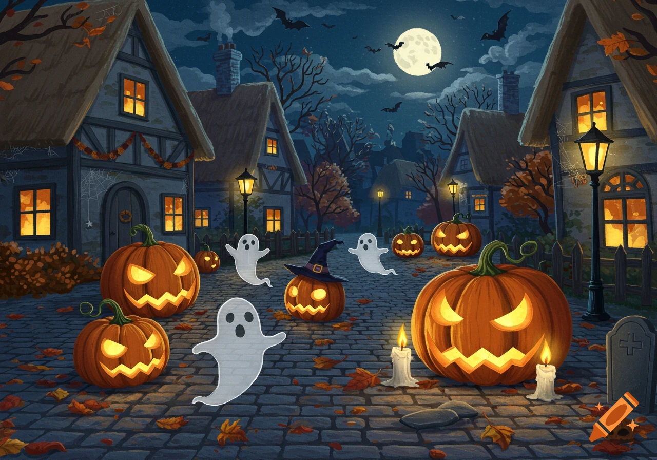 A Halloween drawing of a spooky village street at night with glowing jack-o'-lanterns, ghosts, bats, and a full moon.