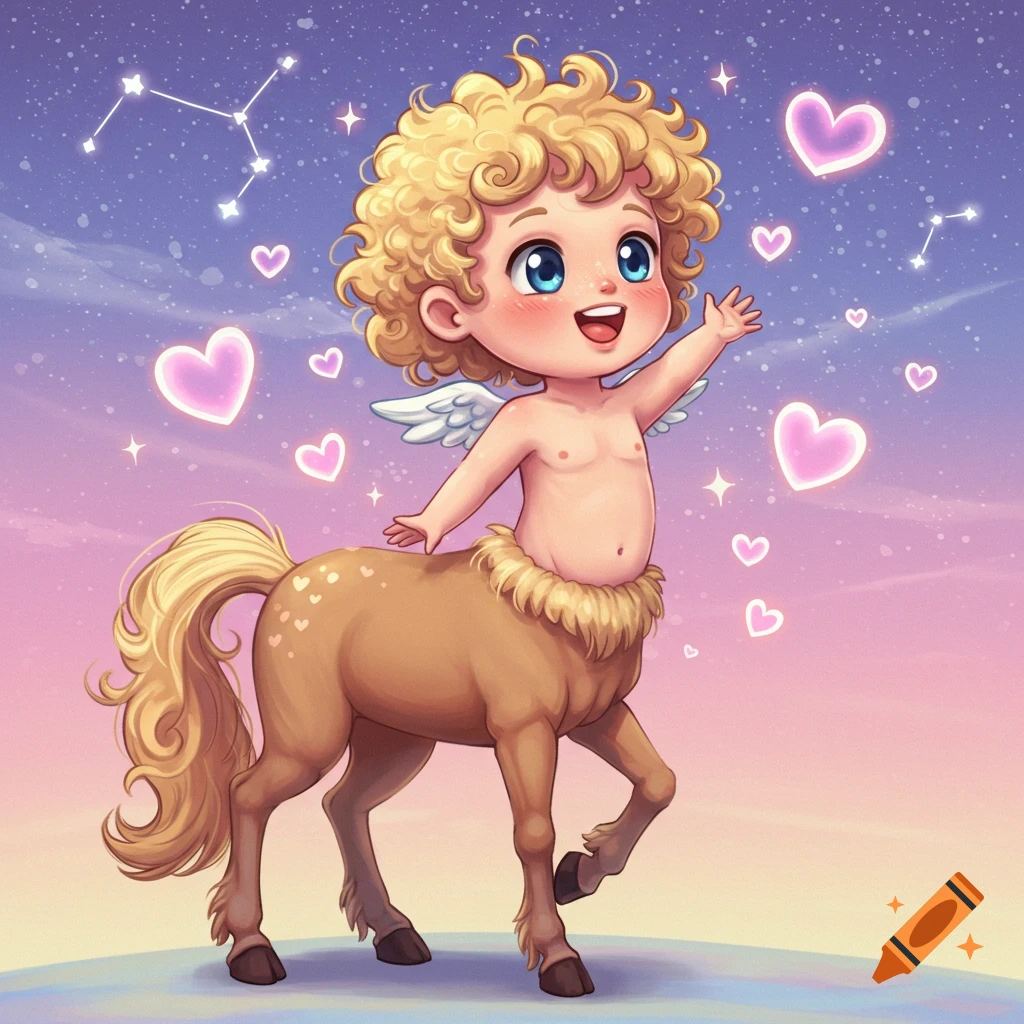 A cute, smiling baby centaur cupid with blonde curly hair and wings waves under a pastel night sky with glowing hearts and constellations.