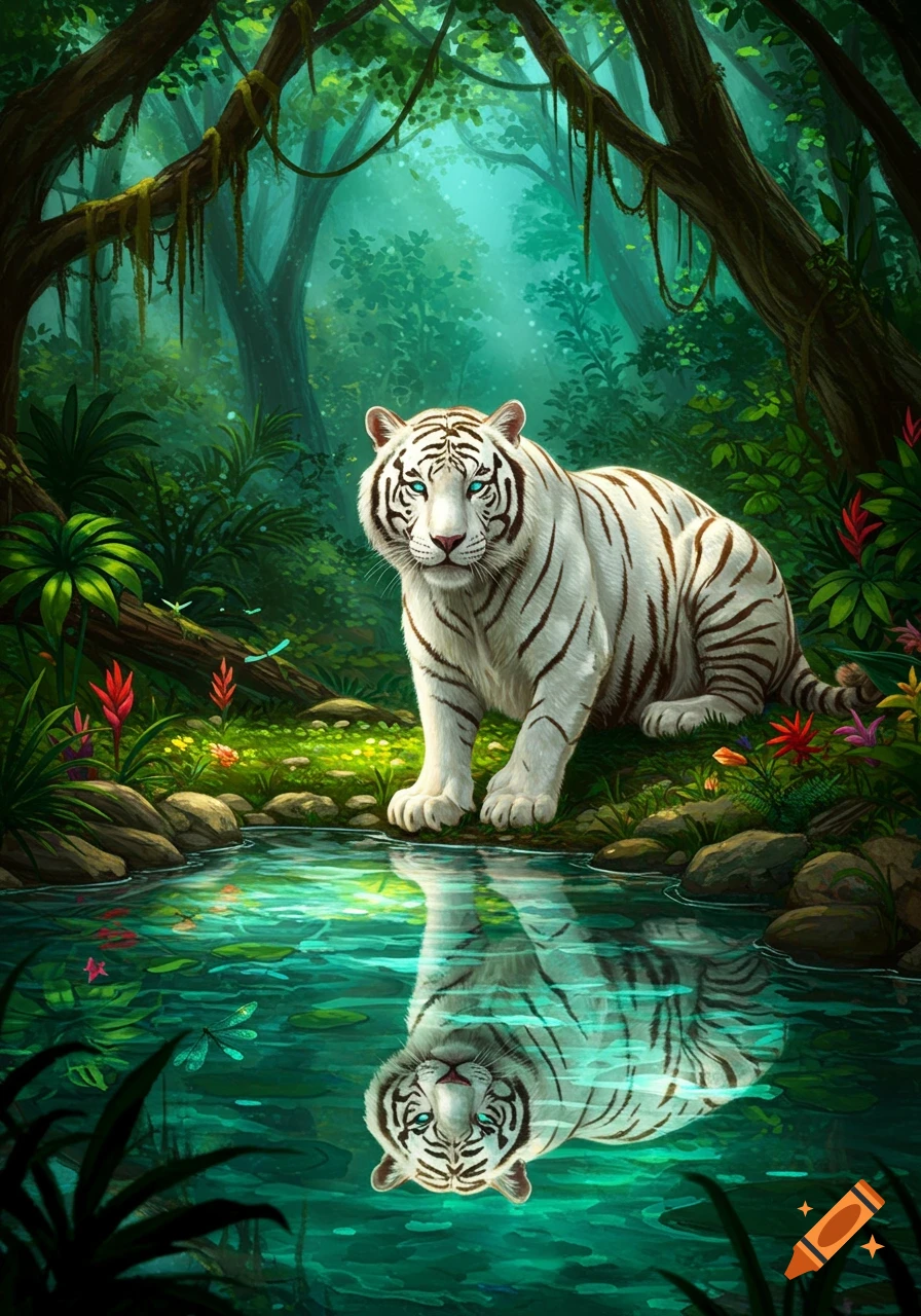 A white tiger with striking blue eyes drinks from a clear stream in a lush, vibrant jungle.