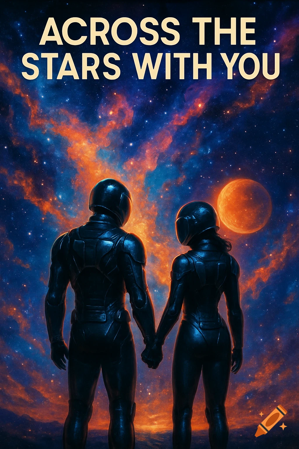 Astronaut couple holds hands, looking at a colorful space nebula and an orange planet. Title: 'Across the Stars with You'.