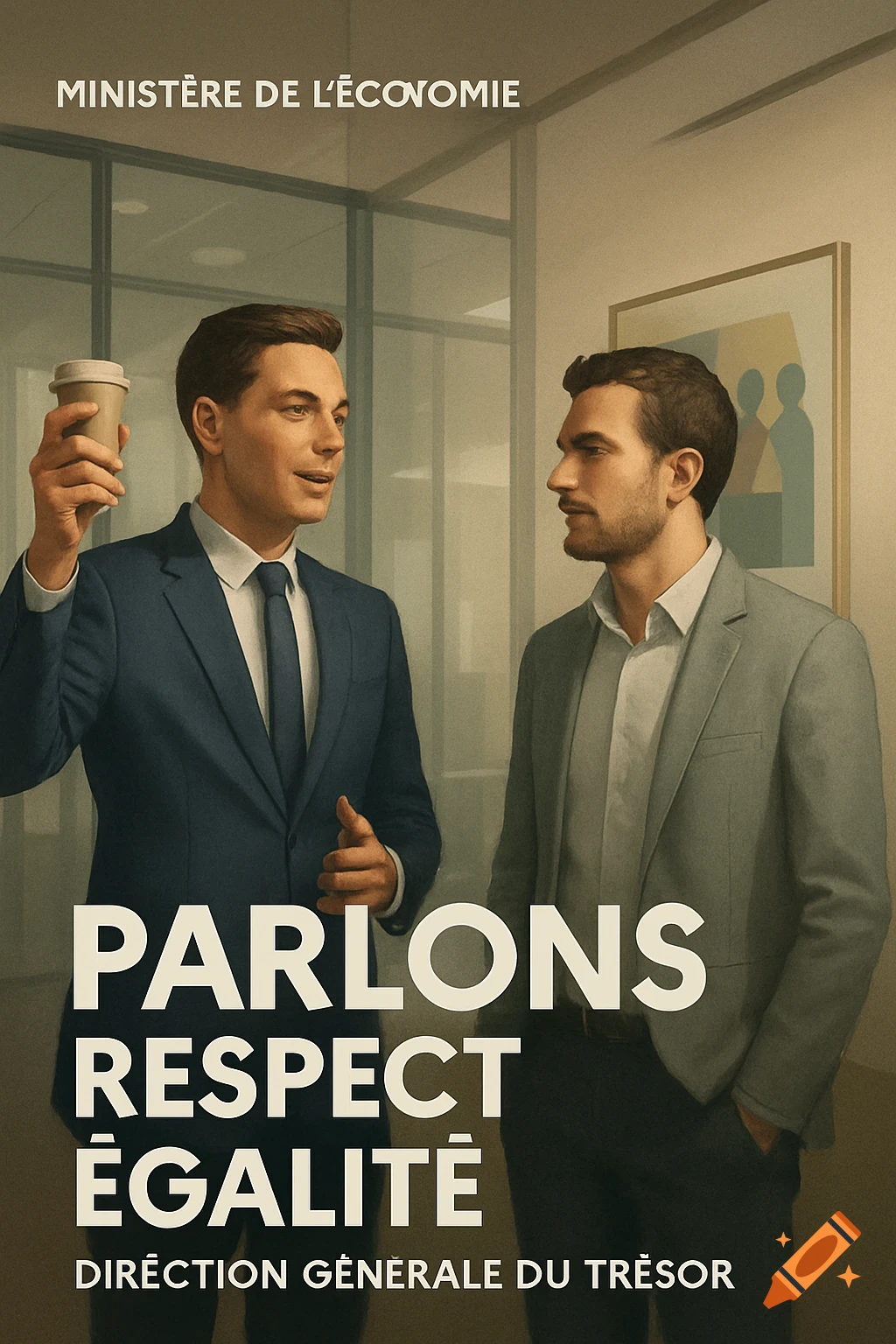 Two men in suits, one holding a coffee cup, talking in an office. Text reads "MINISTÈRE DE L'ÉCOVOMIE" and "PARLONS RESPECT ÉGALITÉ"