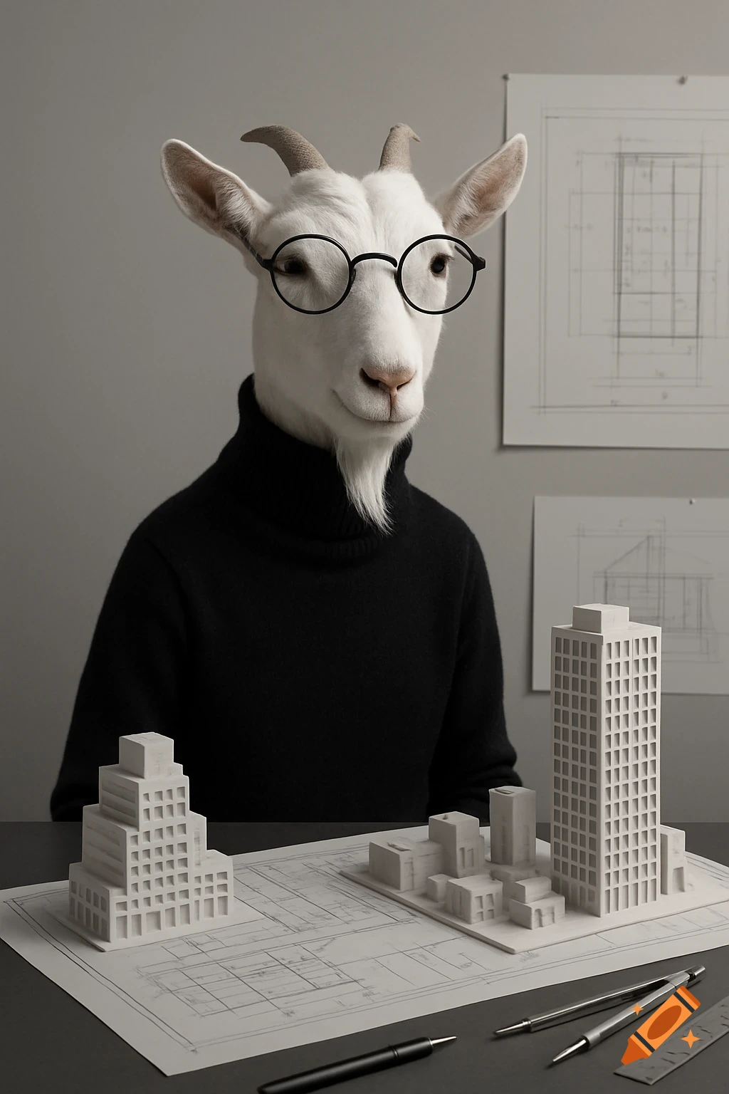 Photorealistic image of a white goat in round glasses and a black turtleneck, sitting at a desk with architectural blueprints and building models.