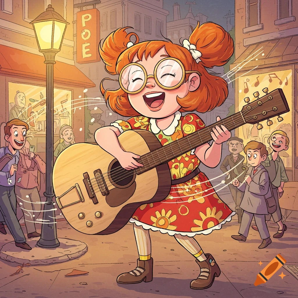 A smiling, pigtailed cartoon girl with glasses plays an acoustic guitar and sings on a city street, with people walking by.