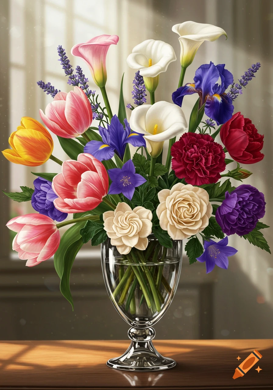 A vibrant bouquet of pink and yellow tulips, white calla lilies, purple irises, lavender, red carnations, and cream roses in a glass vase on a wooden table.