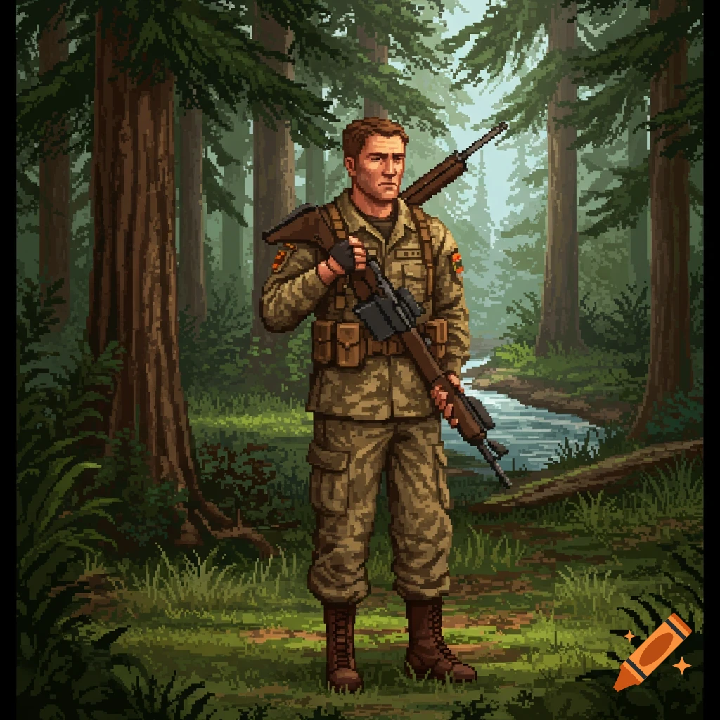 Pixel art of a military-style man in camouflage, holding a rifle, standing in a forest with a stream.